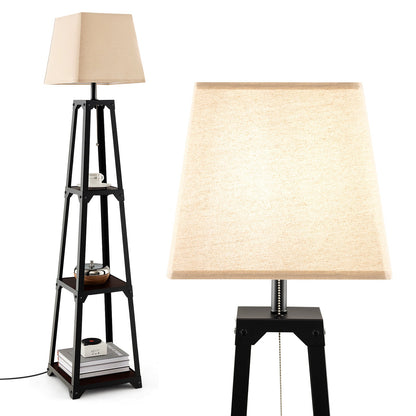 Trapezoidal Designed Floor Lamp with 3 Tiered Storage Shelf-Brown