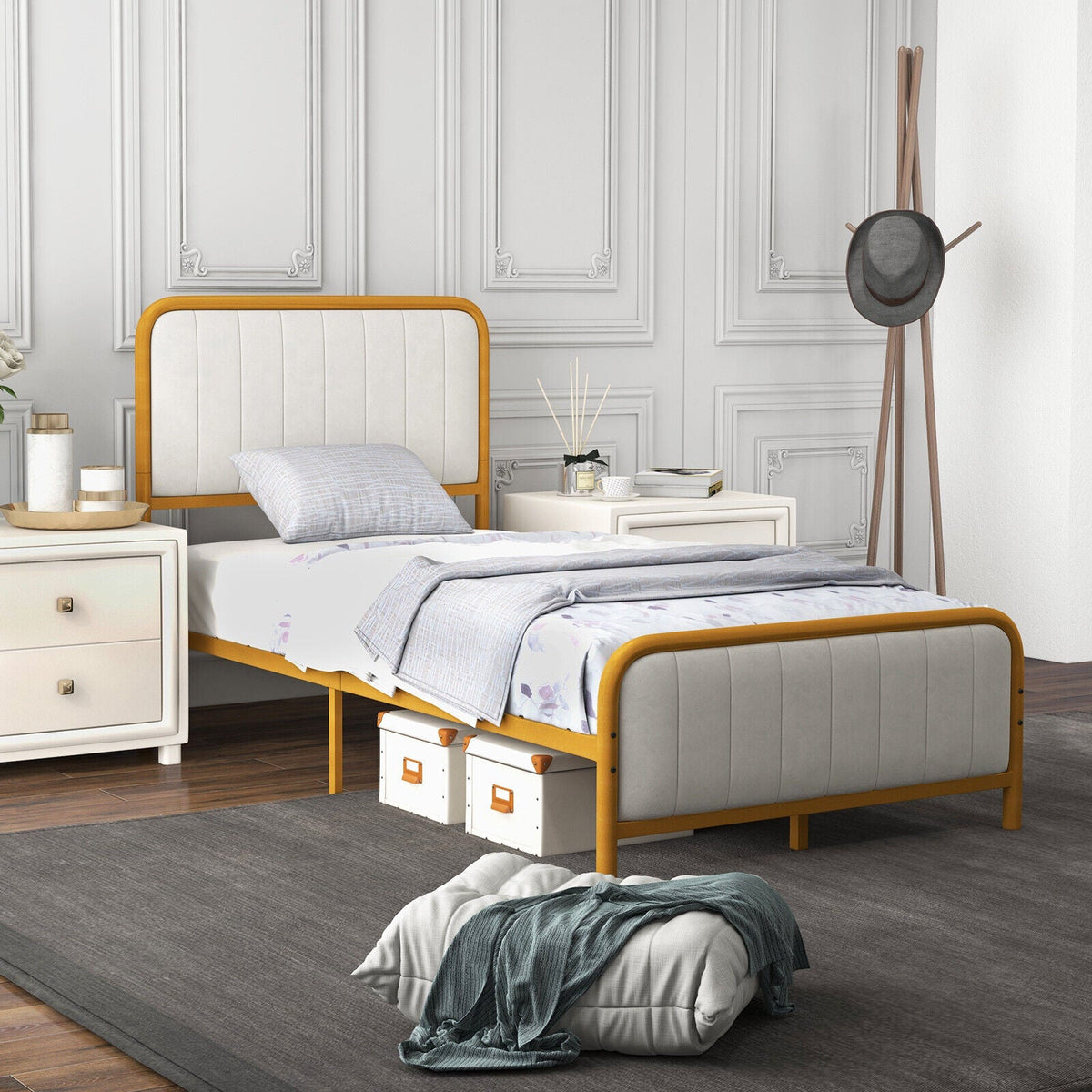 Upholstered Gold Platform Bed Frame with Velvet Headboard