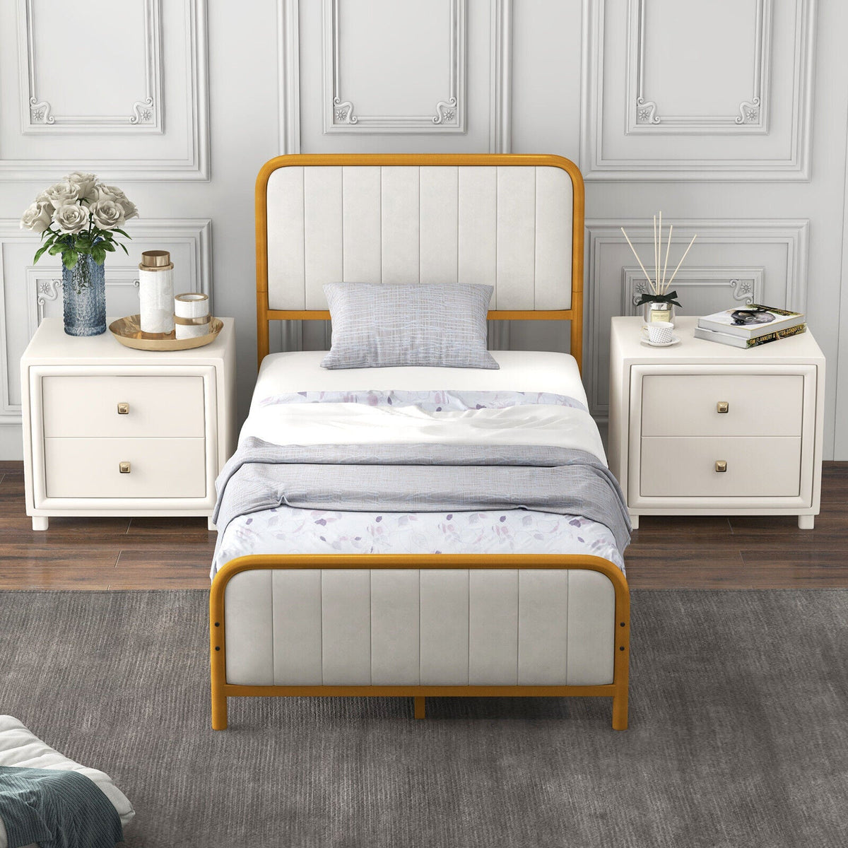 Upholstered Gold Platform Bed Frame with Velvet Headboard