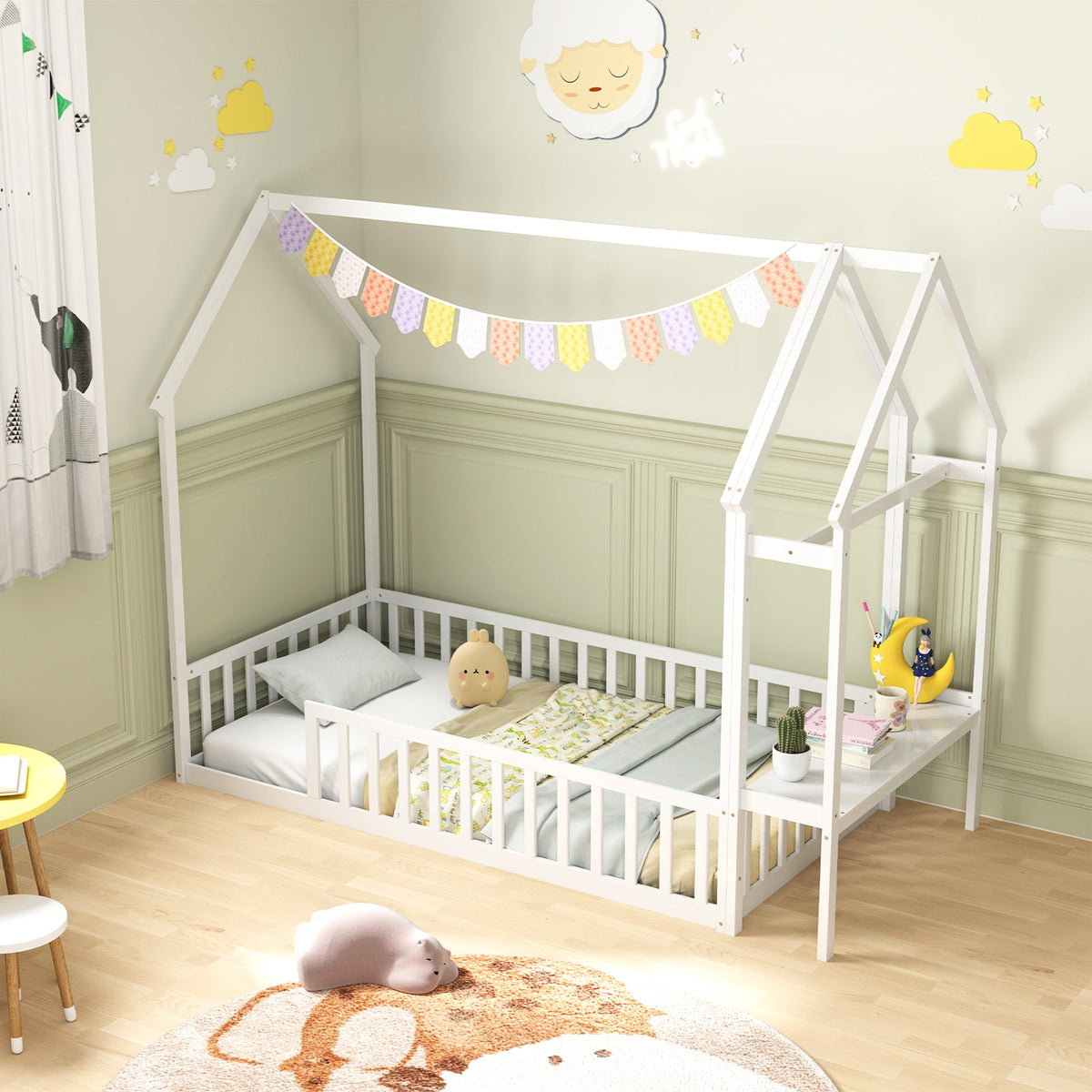 Twin House Floor Bed Montessori Bed Frame with Storage Shelf-White