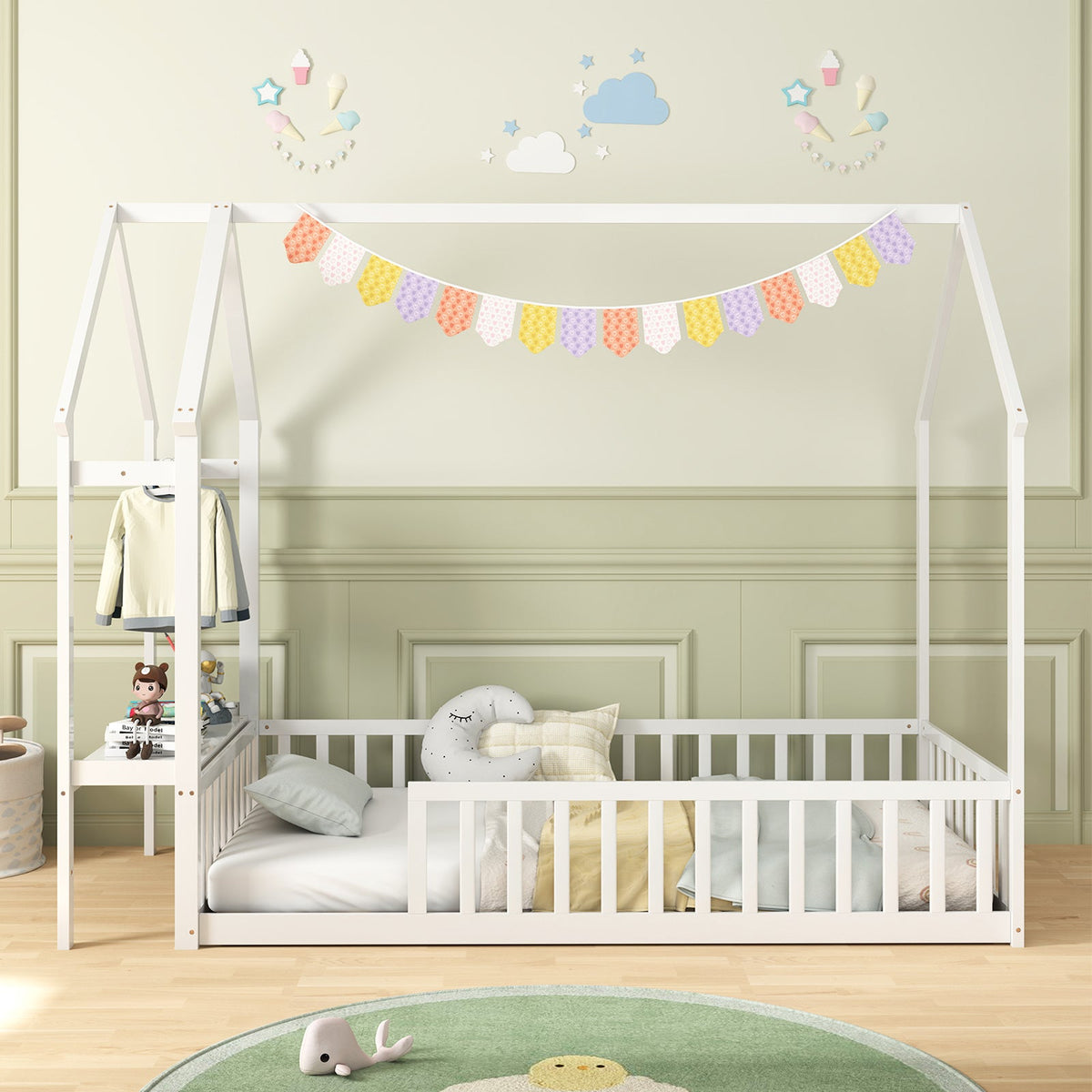 Twin House Floor Bed Montessori Bed Frame with Storage Shelf-White