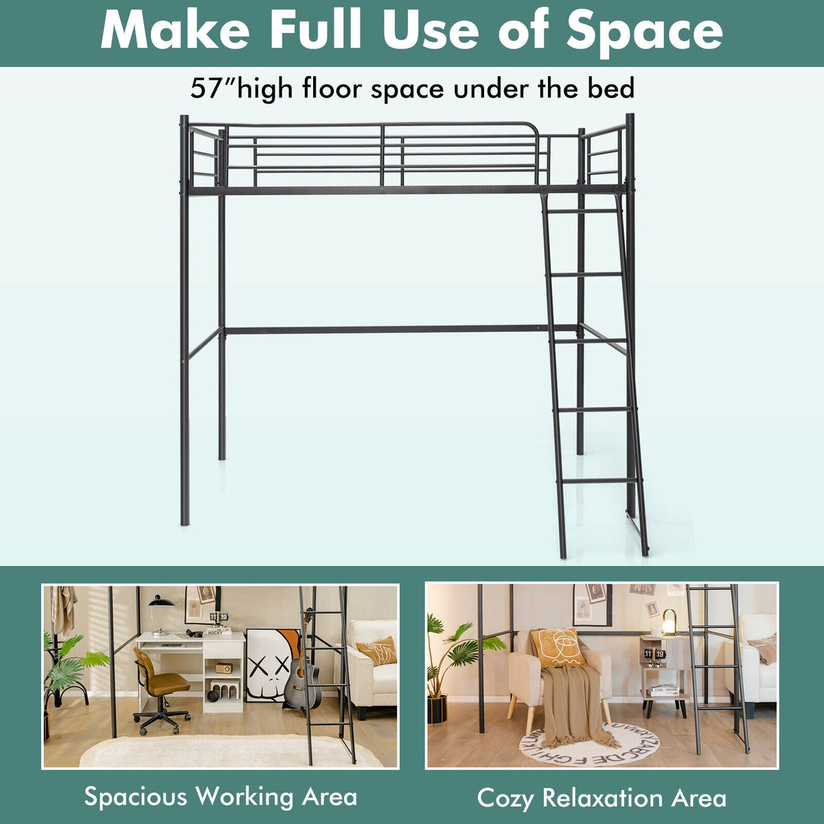 Twin Metal Loft Bed with Ladderand High Guard Rails