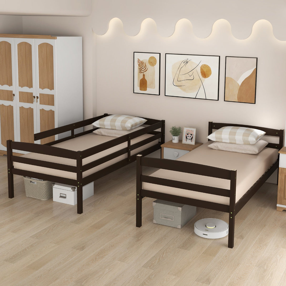 Solid Wood Twin Over Twin Bunk Bed Frame with High Guardrails and Integrated Ladder