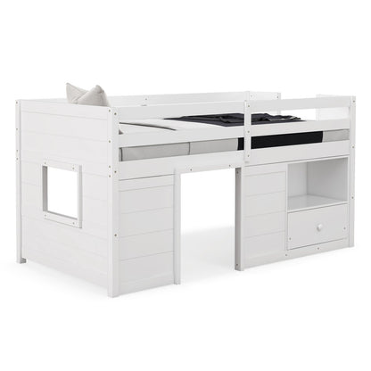 Twin Size Solid Wood Low Loft Bed with Storage and Drawer-White
