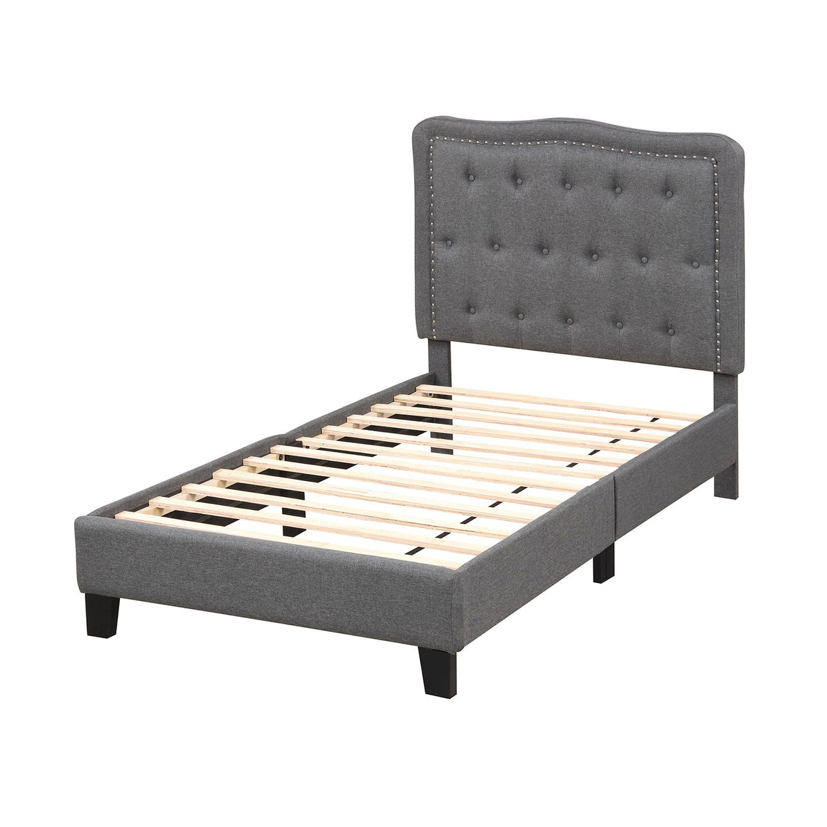 Twin Size Bed Frame with 46 Inch Tall Button Tufted Headboard-Gray