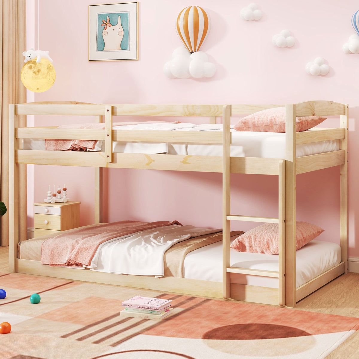 Twin Size Bunk Bed with High Guardrails and Integrated Ladder