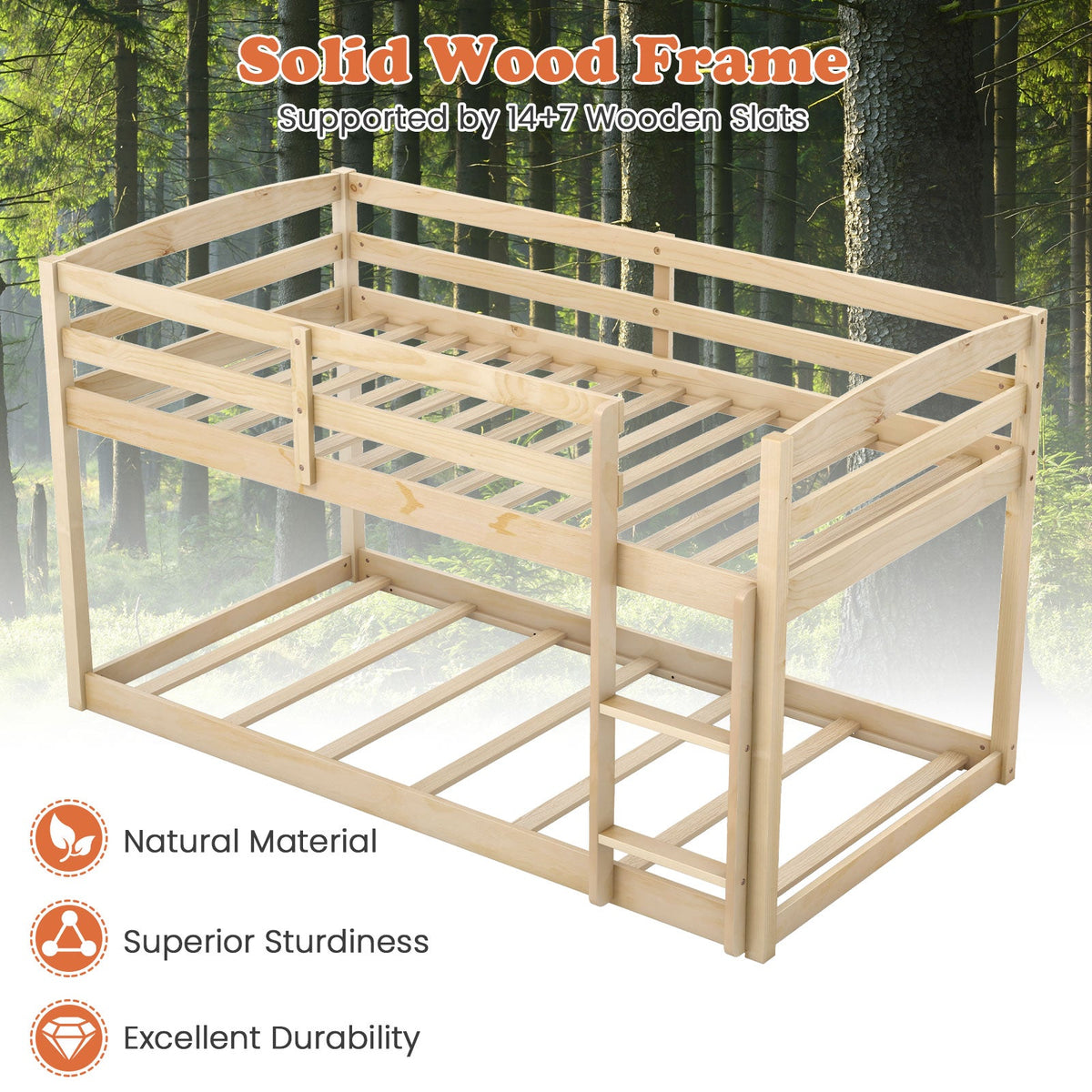 Twin Size Bunk Bed with High Guardrails and Integrated Ladder