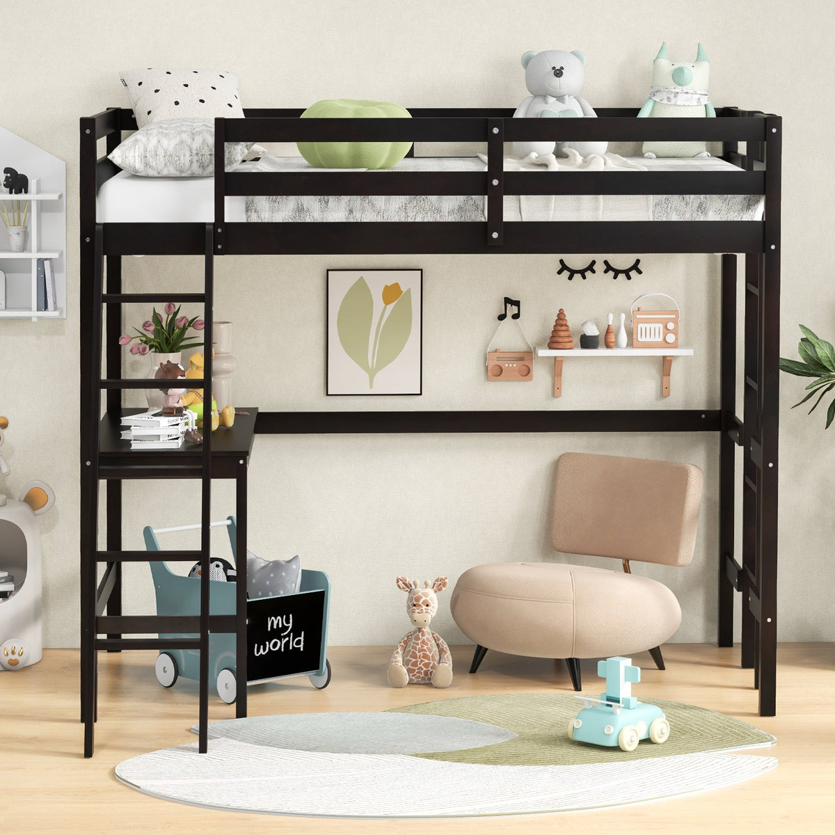 Twin Size Loft Bed Frame with Desk Angled and Built-in Ladder
