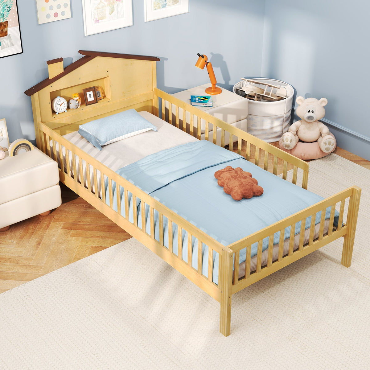 Twin Size Kids Montessori Bed with House-Shaped Headboard and Built-in Storage Shelf