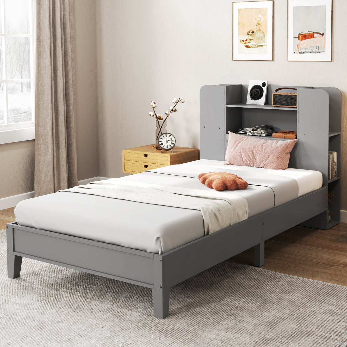 Twin Size Wooden Platform Bed Frame with Bookcase Headboard-Gray