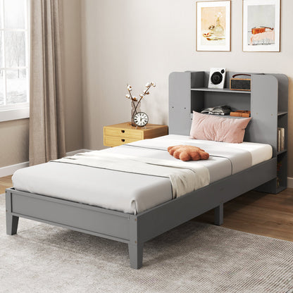 Twin Size Wooden Platform Bed Frame with Bookcase Headboard-Gray