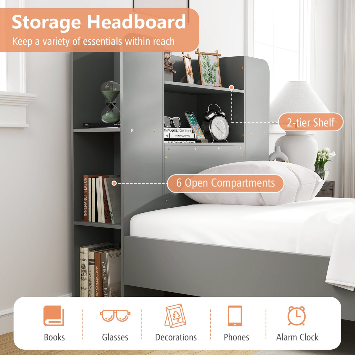 Twin Size Wooden Platform Bed Frame with Bookcase Headboard-Gray