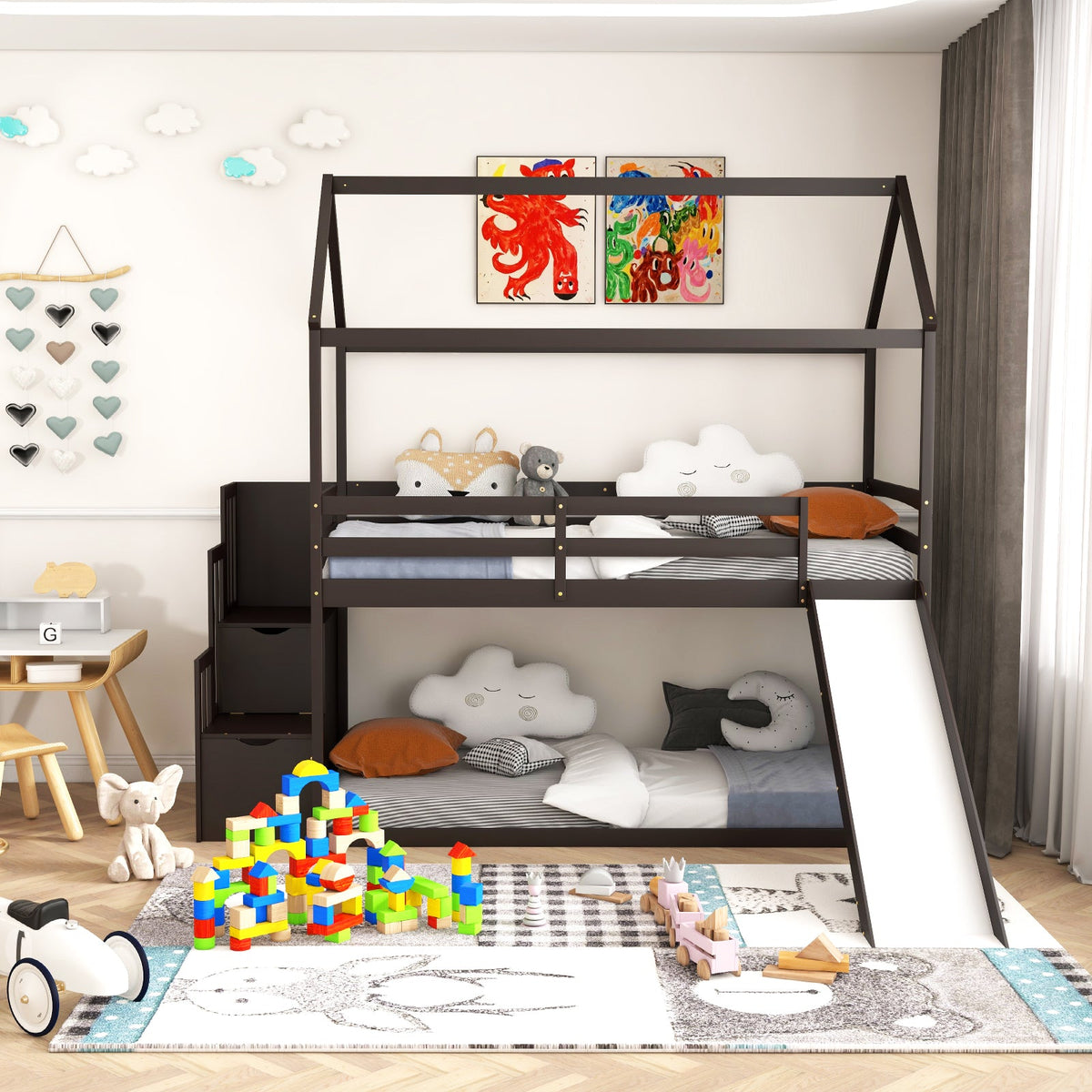 Twin over Twin Bunk Bed with Slide and 2-Step Storage Staircase