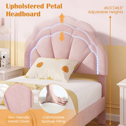 Upholstered LED Bed Frame with Adjustable Flower Headboard and Metal Support Feet Pink