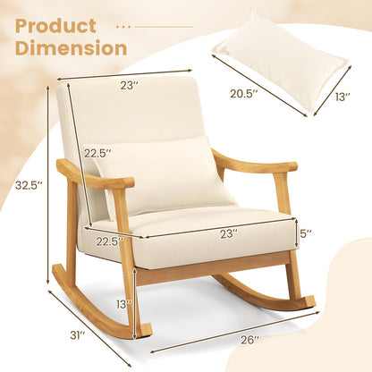 Upholstered Rocking Chair with Pillow and Rubber Wood Frame
