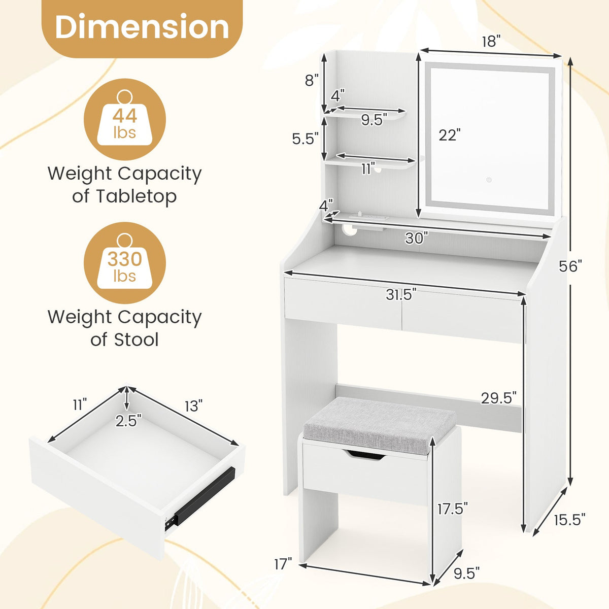 Vanity Desk LED Lighted Makeup Table with 3 Color Modes-White