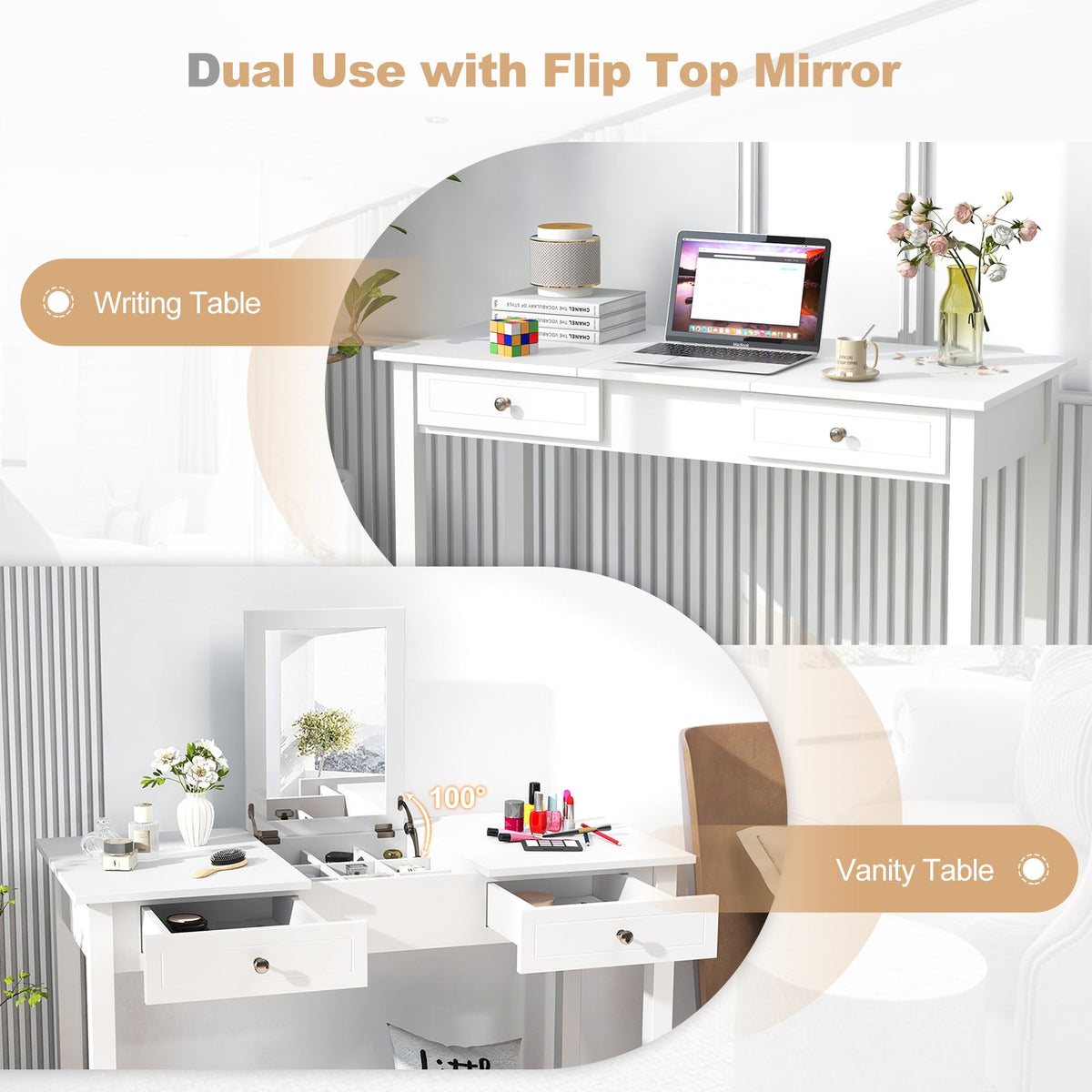 Vanity Desk Makeup Dressing Table with Flip Top Mirror and Drawers-White