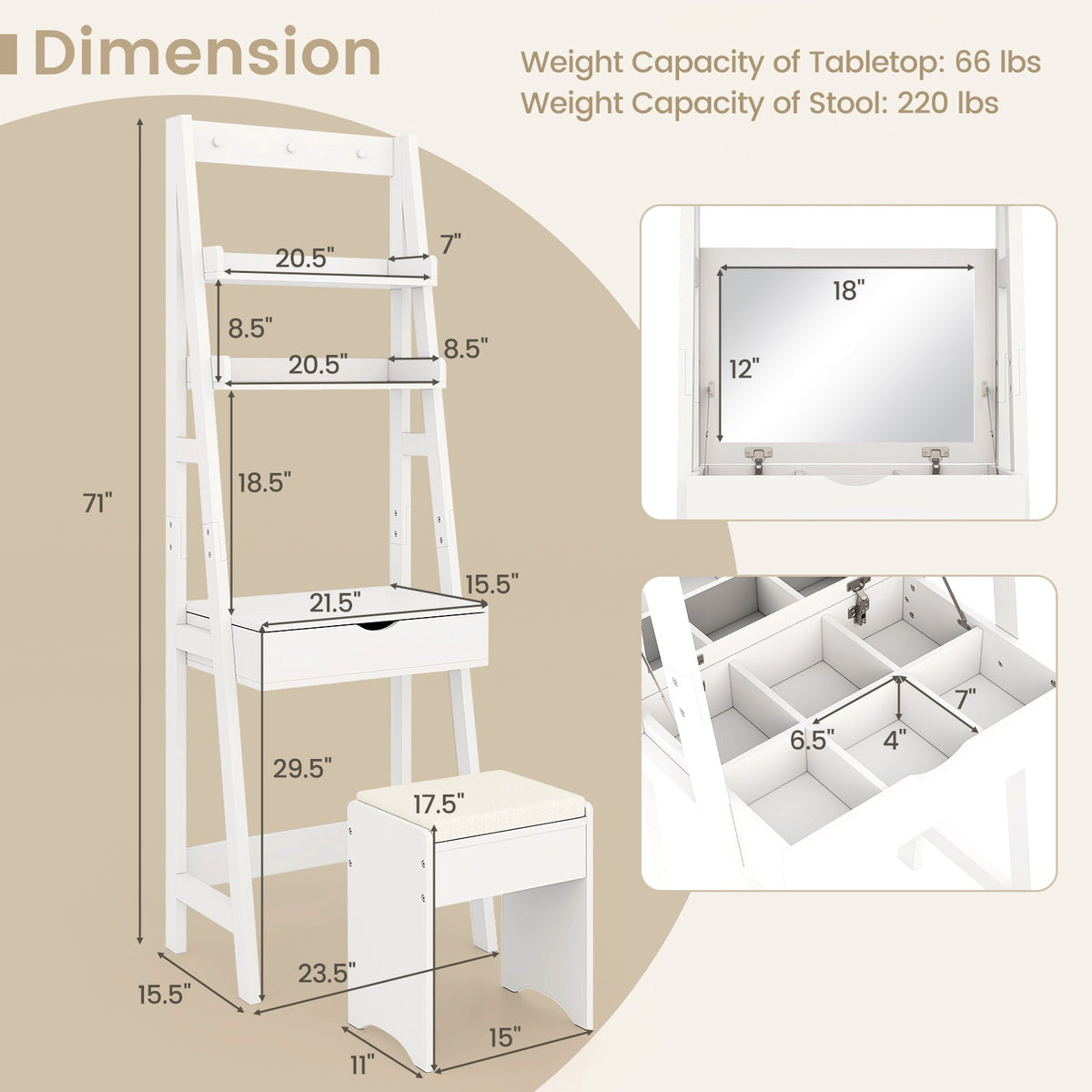 Vanity Desk Set with Flip Top Mirror  Hidden Storage Compartments and Cushioned Stool-White