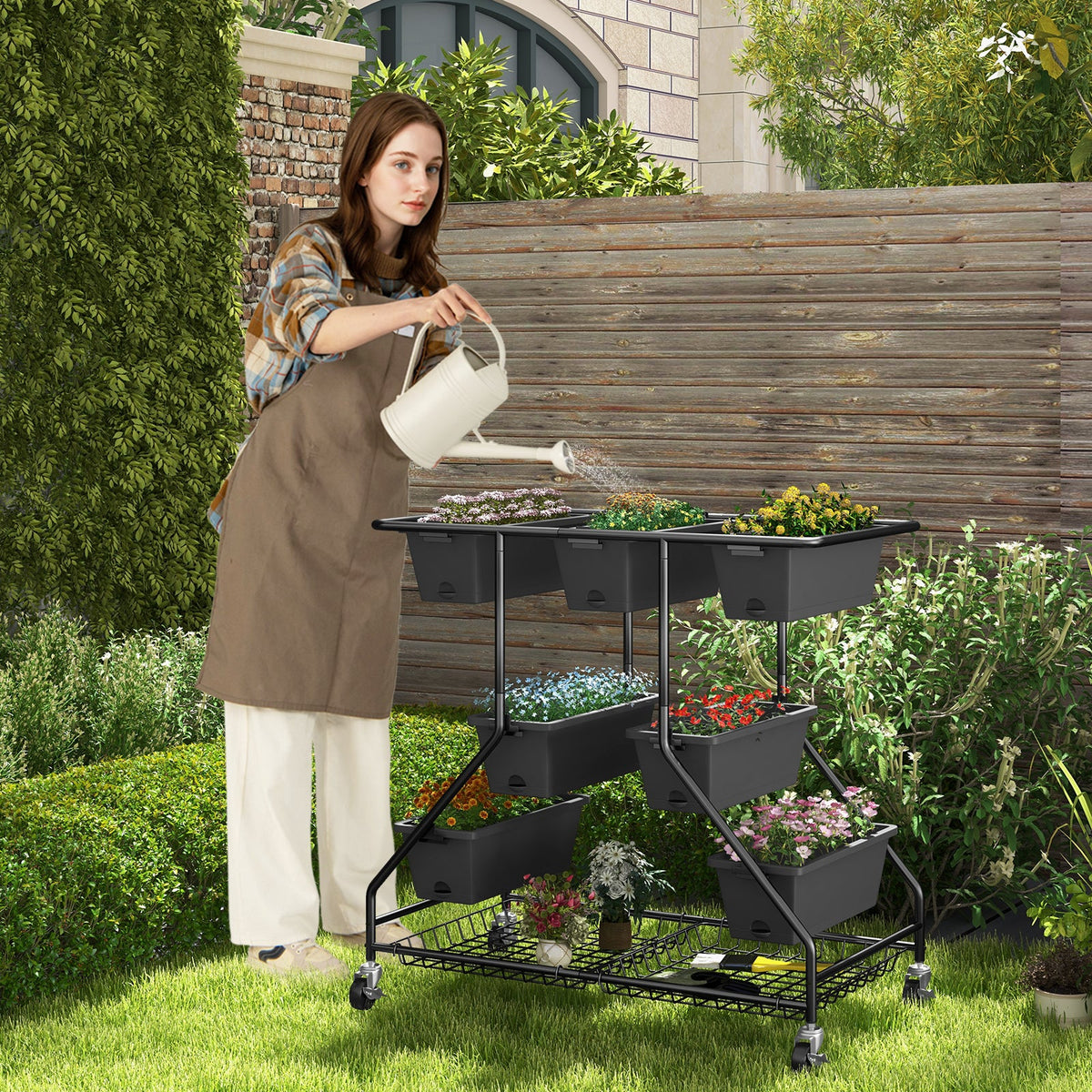 Vertical Raised Garden Bed with 7 Planter Boxes and Storage Baskets-Black