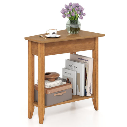 2-Tier Wedge Narrow End Table with Storage Shelf and Solid Wood Legs