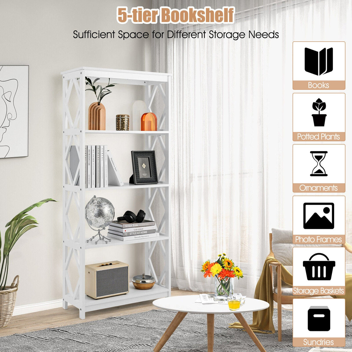 5-Tier Modern Freestanding Bookcase with Open Shelves