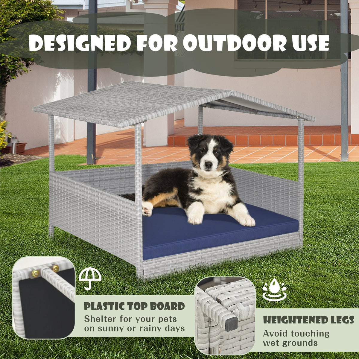 Wicker Dog House Elevated PE Rattan Dog Bed with Canopy
