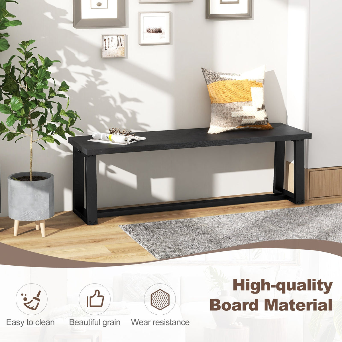 Wood Dining Bench with Metal Frame and Adjustable Footpads