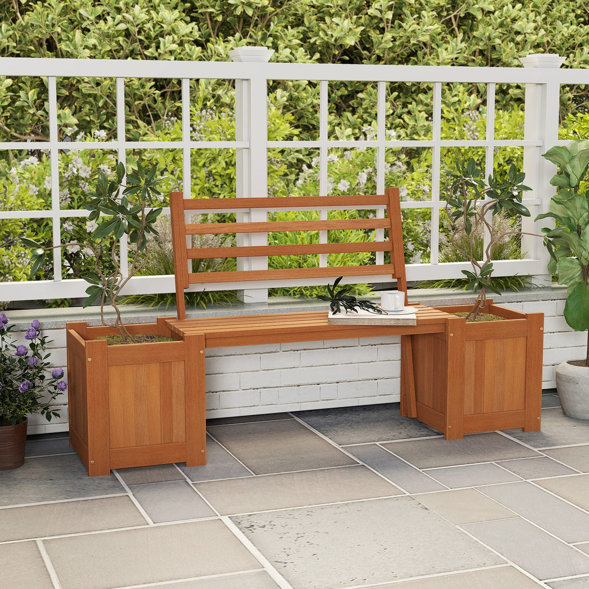 Wood Planter Box with Bench and Backrest for Garden Yard Balcony