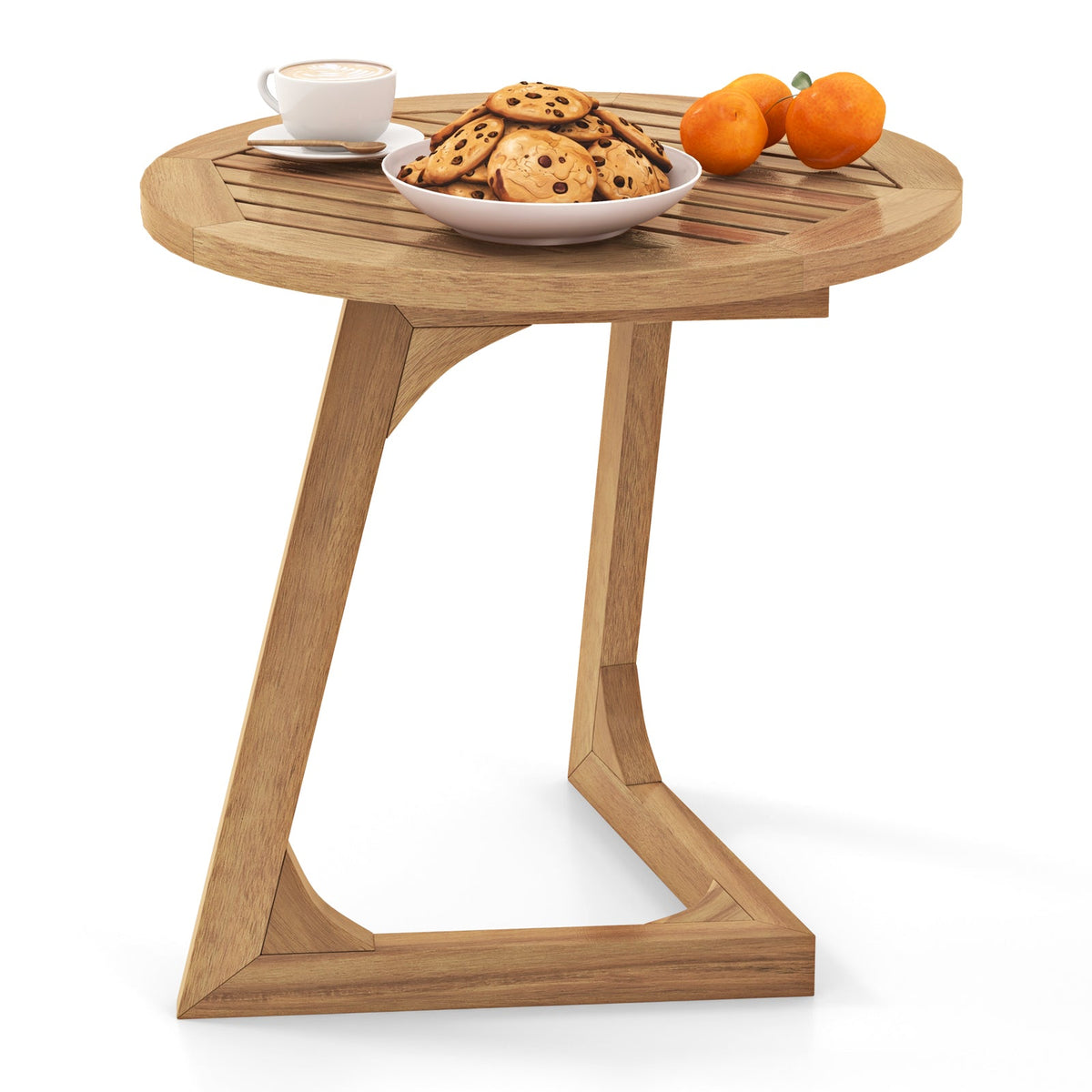Teak Wood Side Table Round Sofa End Table with Slatted Tabletop