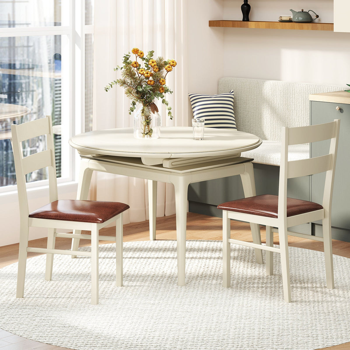 Wooden Dining Chair Set of 2 PU Leather Upholstered Kitchen Armless Chairs-White