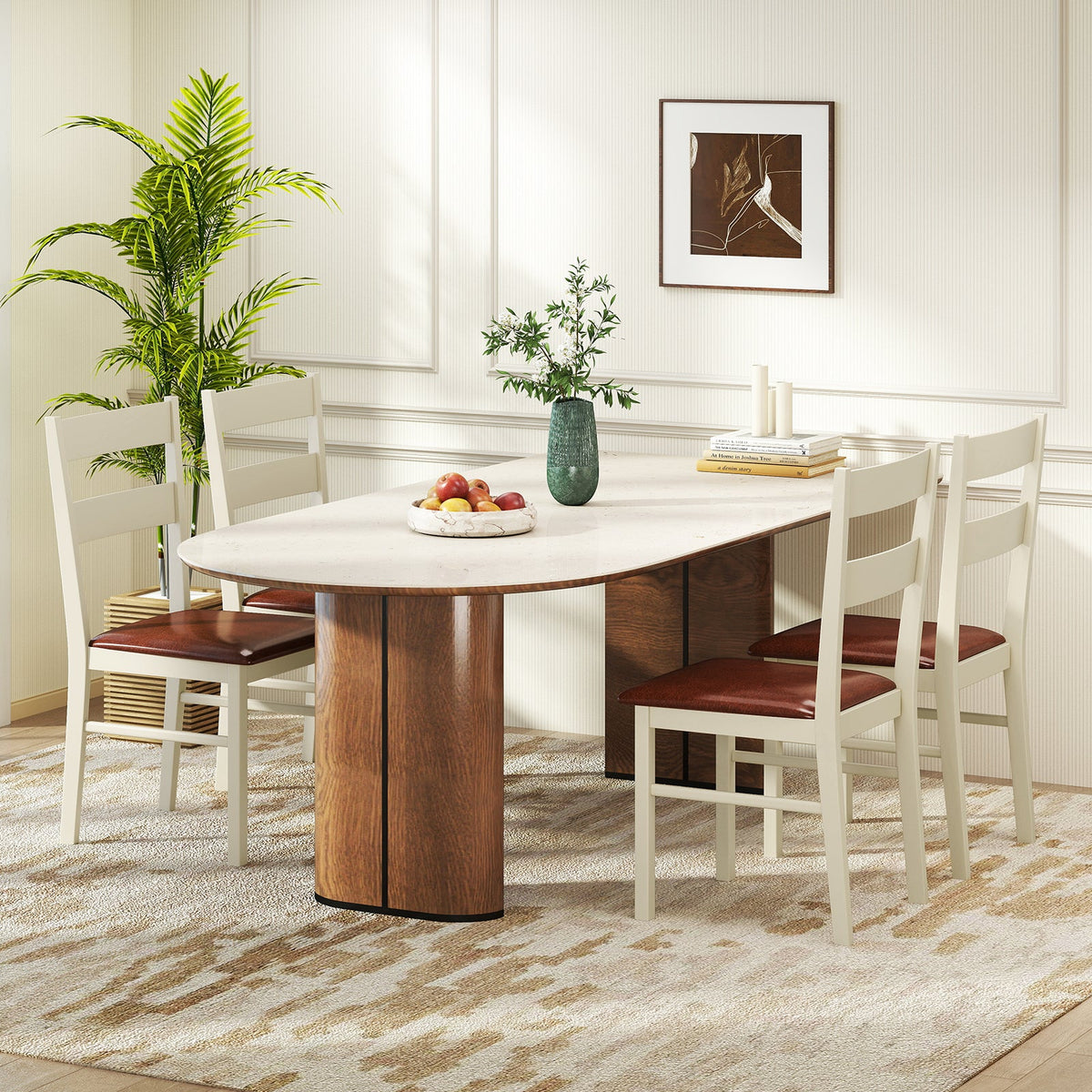 Wooden Dining Chair Set of 2 PU Leather Upholstered Kitchen Armless Chairs-White