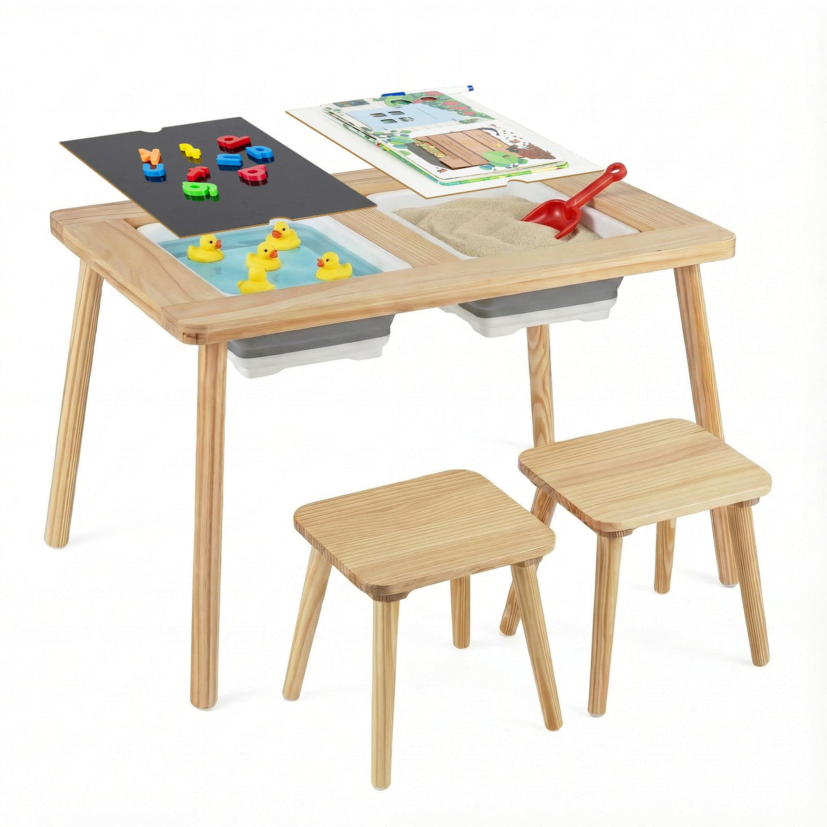 Wooden Kids Activity Table Set with 2 Foldable Storage Bins-Natural