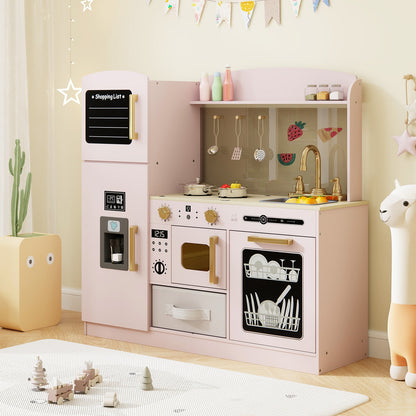 Wooden Kids Kitchen Playset with Chalkboard Ice Maker Sink Lighted Microwave