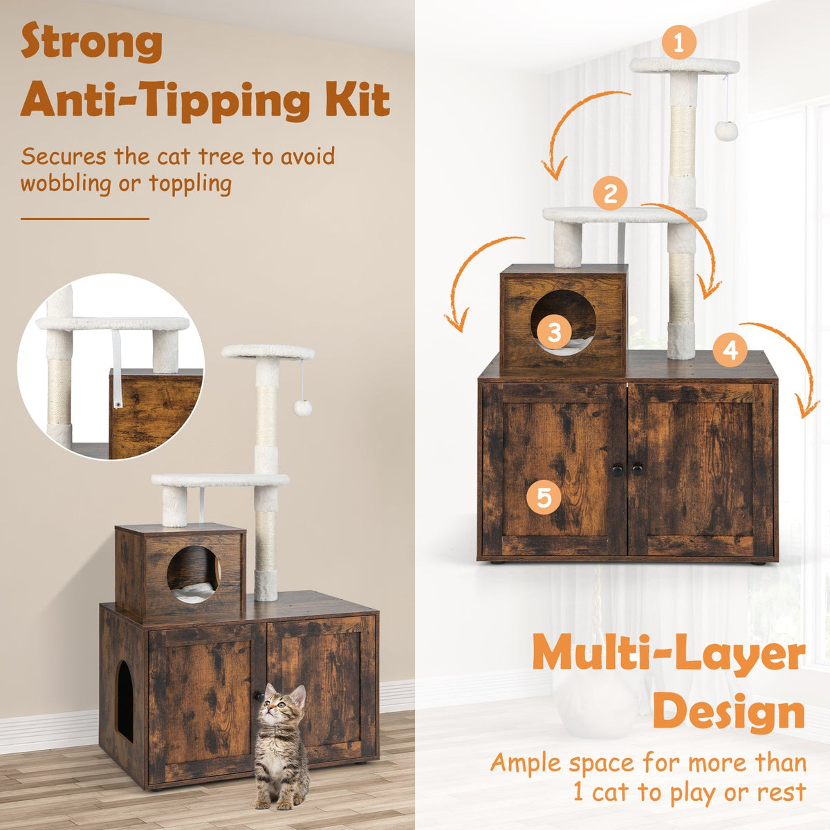 Cat Tree with Litter Box Enclosure with Cat Condo-Rustic Brown