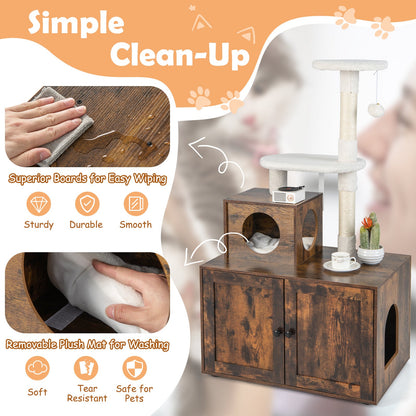 Cat Tree with Litter Box Enclosure with Cat Condo-Rustic Brown