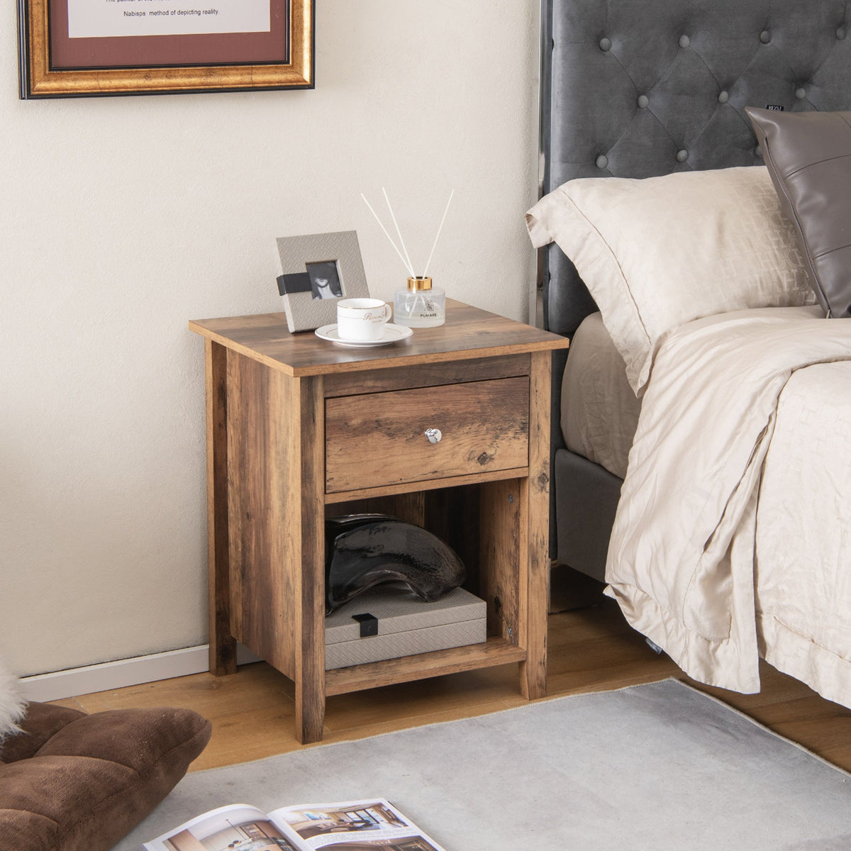 Wooden Nightstand with Slide-out Drawer and Open Shelf