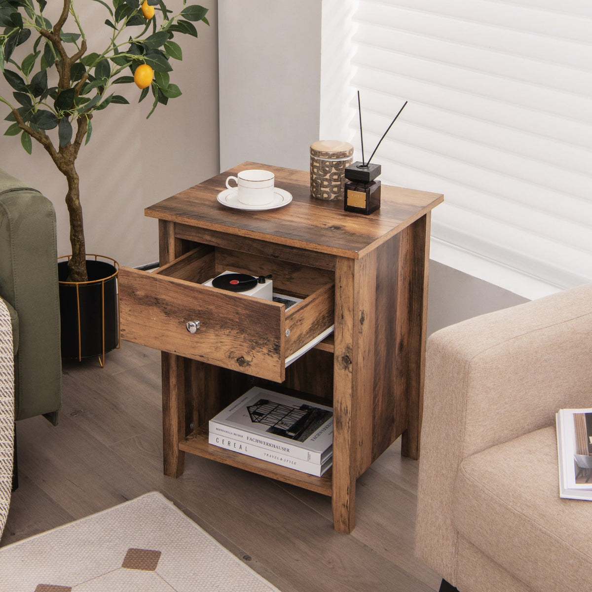 Wooden Nightstand with Slide-out Drawer and Open Shelf