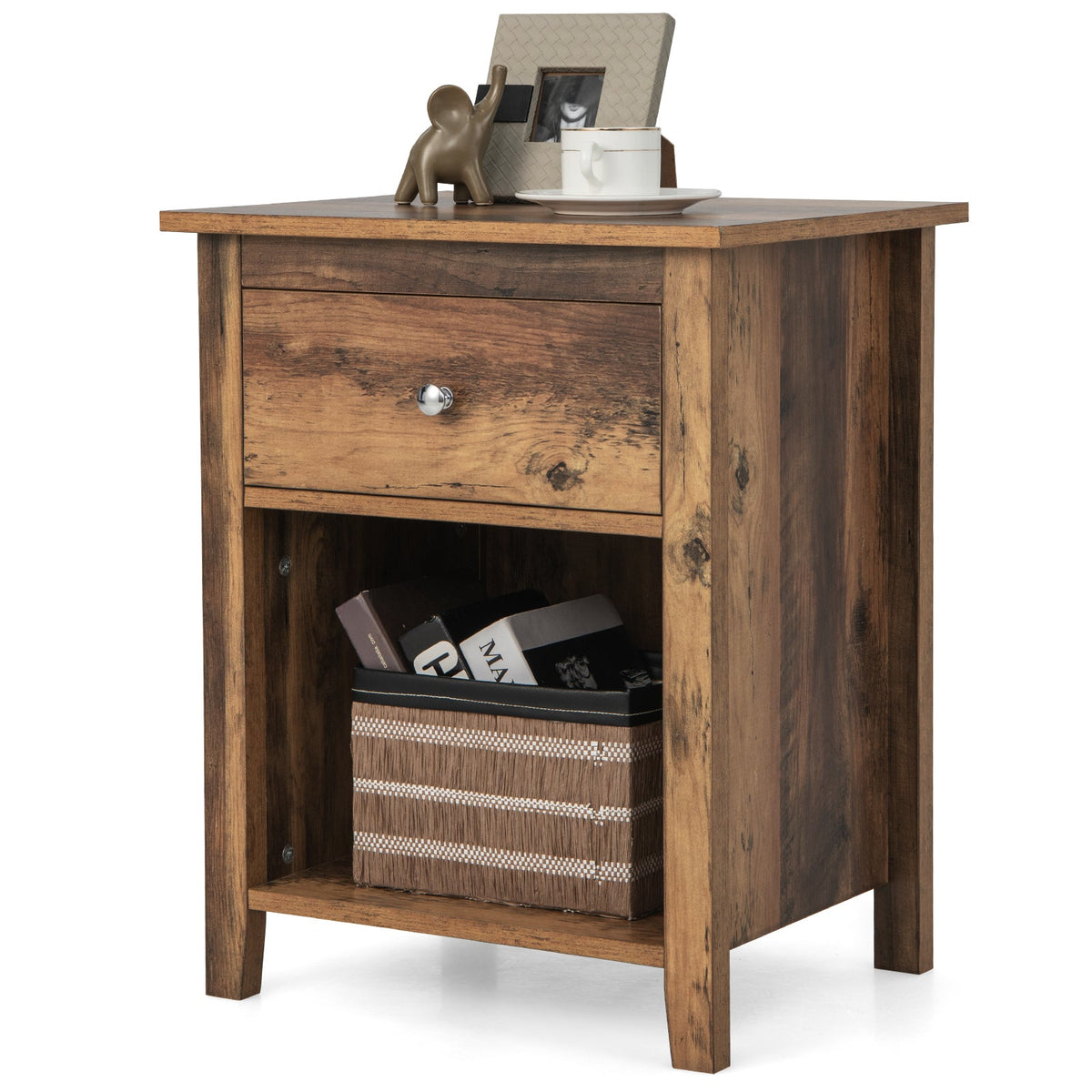 Wooden Nightstand with Slide-out Drawer and Open Shelf