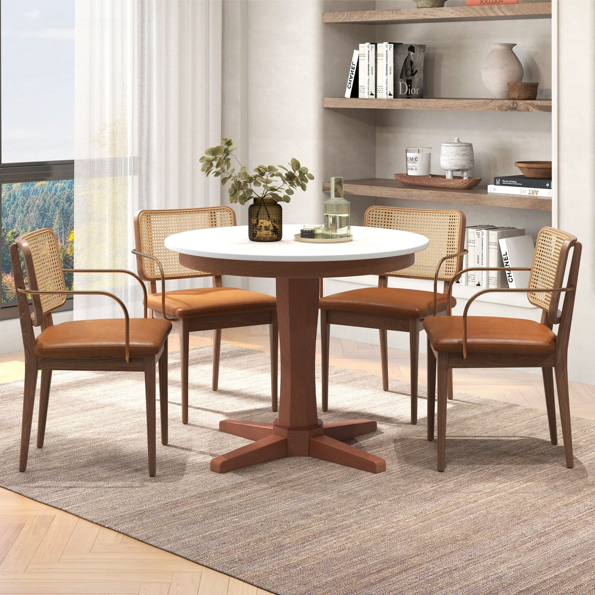 35 Inches Wooden Round Dining Table with Pedestal Base-White