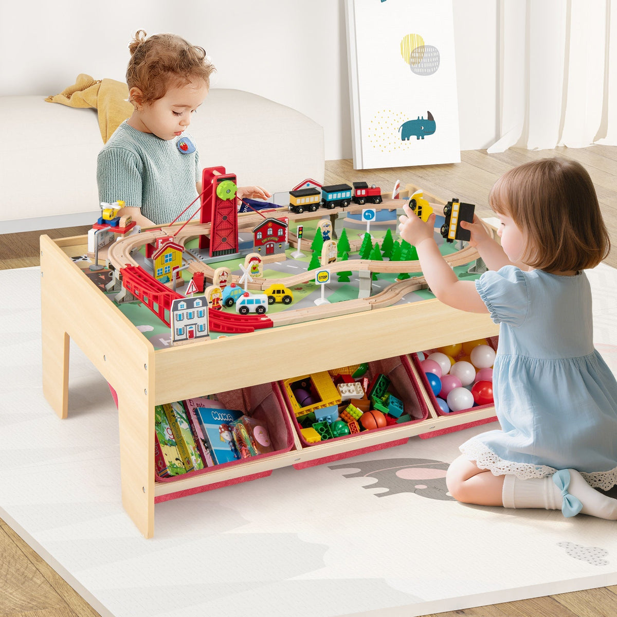 Wooden Train Set Table Kids Multipurpose Activity Play Table with 2 Reversible Tabletops-Red