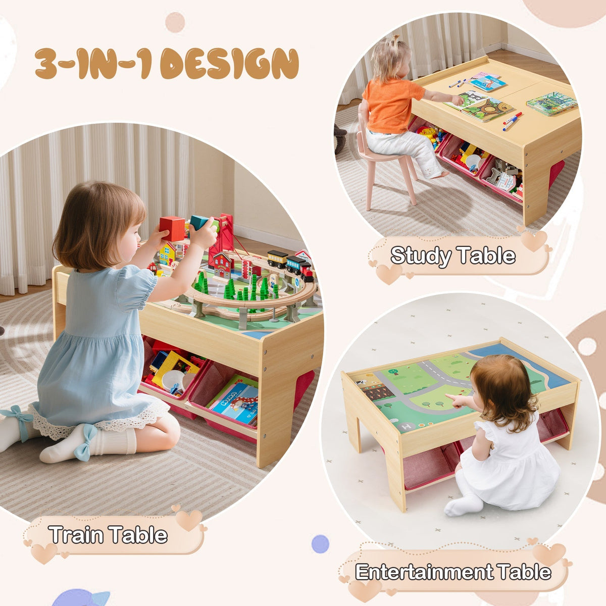 Wooden Train Set Table Kids Multipurpose Activity Play Table with 2 Reversible Tabletops-Red
