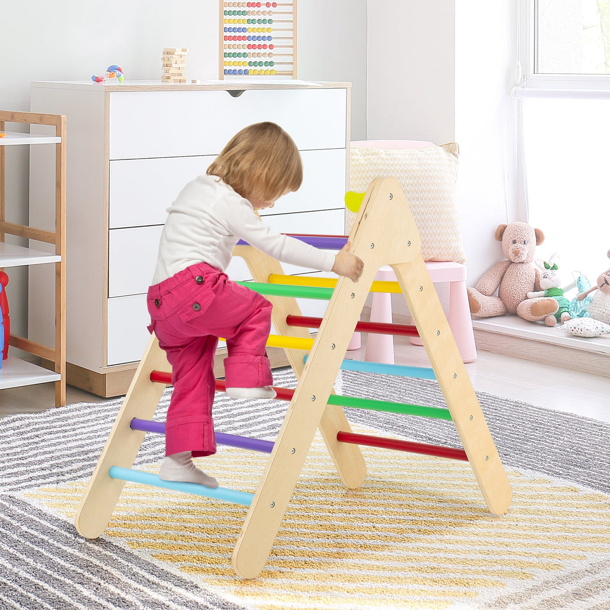2-in-1 Wooden Triangle Climber Set with Gradient Adjustable Slide