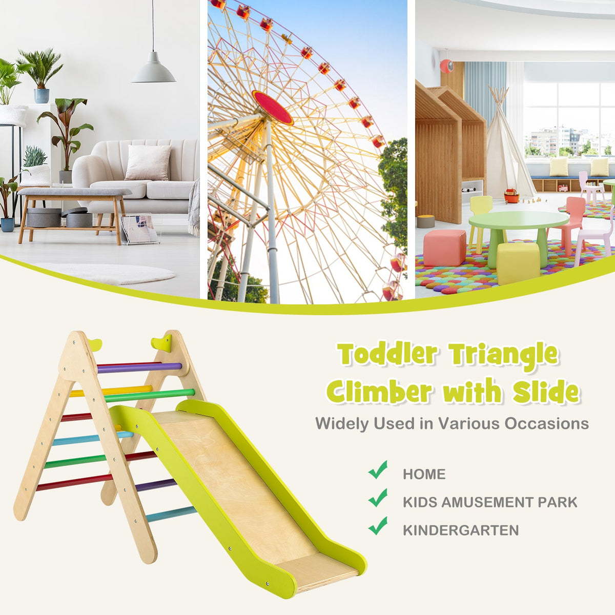 2-in-1 Wooden Triangle Climber Set with Gradient Adjustable Slide