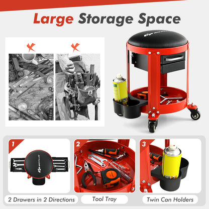 Rolling Mechanic Stool with Removable Padded Seat and Drawers