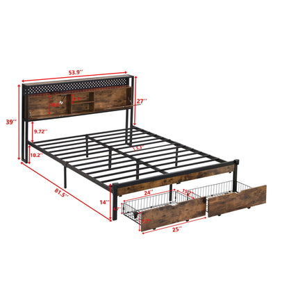 Modern Metal Platform Bed Frame with Storage and USB - Black