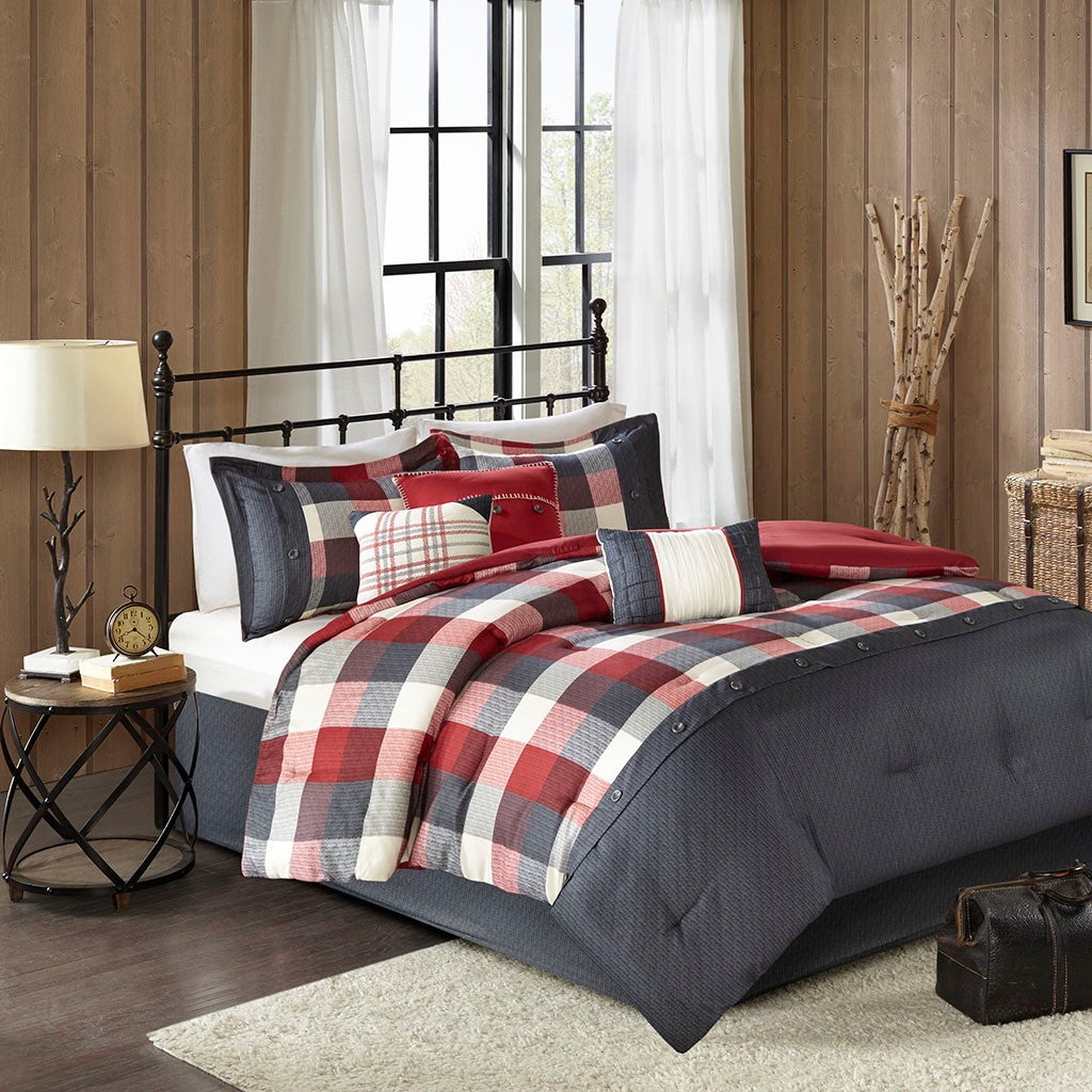Red Herringbone King Comforter Set with Buffalo Plaid Pattern - 7 Piece