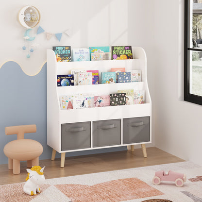 White Bookshelf with 3 Storage Bins - Front Facing Book Display Organizer
