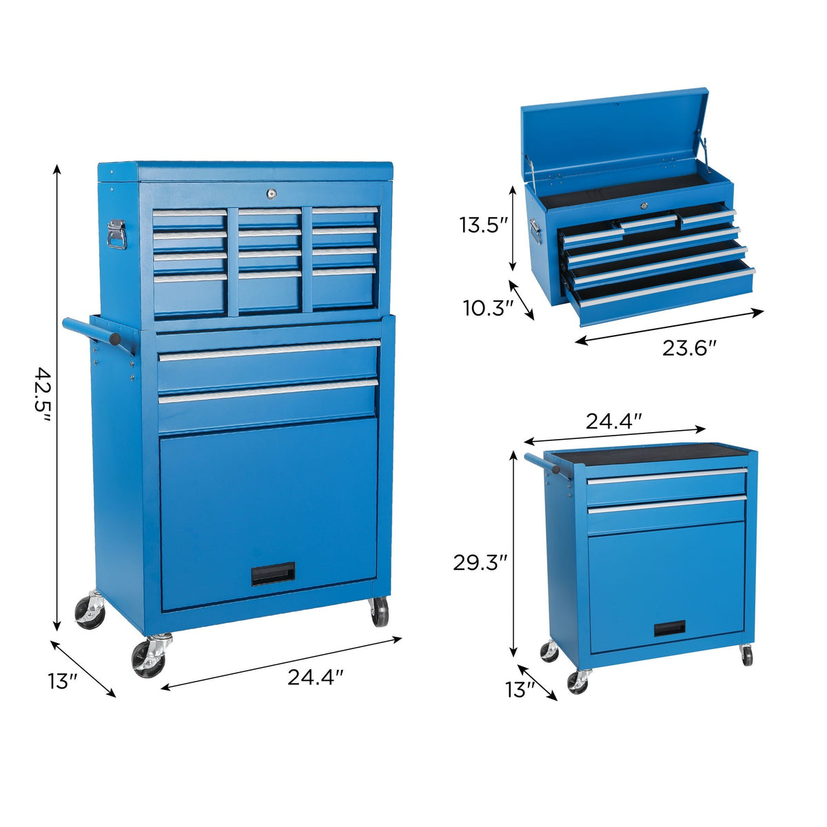 8 Drawer Rolling Tool Chest with Detachable Top Box and Lockable Wheels - Red or Light Blue