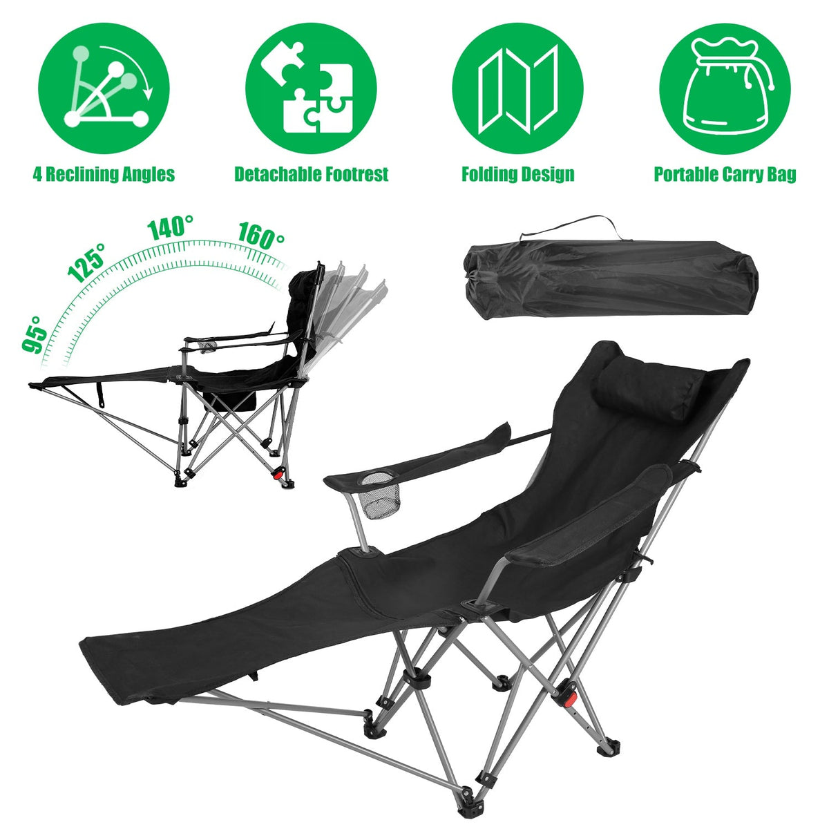 Reclining Camping Chair with Footrest – 4-Position Adjustable