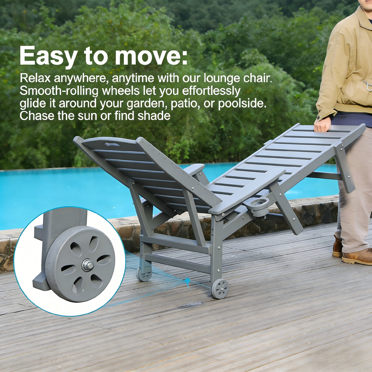 HDPE Outdoor Chaise Lounge Chair with Adjustable Backrest - Grey